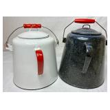Vintage Enamelware Bundle - 2 Coffee Pots, Coffee Sign, Stock Pot with Lid, Snack Sign, and Ladle
