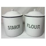 Vintage White & Dark Blue Enamelware Kitchen Bundle - Bread Tin, Flour Pot, Flour & Starch Containers