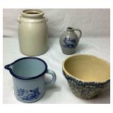 Cream & Blue Bundle of Pottery and Enamelware Milk Pitcher