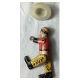 Vintage Tin Toy Assortment - 1929 Tin Cowboy from Whoopee Car, Noisemakers, Clicker Toys, Horns and Push Spinner Toy  with 3 Circus Tins