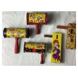 Vintage Tin Toy Assortment - 1929 Tin Cowboy from Whoopee Car, Noisemakers, Clicker Toys, Horns and Push Spinner Toy  with 3 Circus Tins