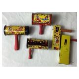 Vintage Tin Toy Assortment - 1929 Tin Cowboy from Whoopee Car, Noisemakers, Clicker Toys, Horns and Push Spinner Toy  with 3 Circus Tins