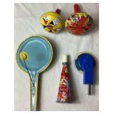 Vintage Tin Toy Assortment - 1929 Tin Cowboy from Whoopee Car, Noisemakers, Clicker Toys, Horns and Push Spinner Toy  with 3 Circus Tins