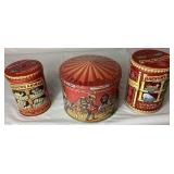 Vintage Tin Toy Assortment - 1929 Tin Cowboy from Whoopee Car, Noisemakers, Clicker Toys, Horns and Push Spinner Toy  with 3 Circus Tins