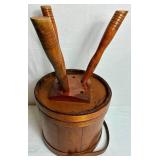 Antiique Firken Wooden Sugar Bucket, Primitive Wooden Bucket and Early American Wood Firkin Sewing Box