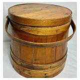 Antiique Firken Wooden Sugar Bucket, Primitive Wooden Bucket and Early American Wood Firkin Sewing Box