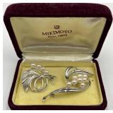 Mikimoto Ginza Tokyo Sterling Silver Pearl Brooch Pair with Box