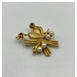 Vintage Gold Tone Double Bird Brooch with Faux Pearls and Red Rhinestones