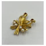Vintage Gold Tone Double Bird Brooch with Faux Pearls and Red Rhinestones