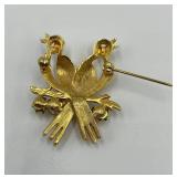 Vintage Gold Tone Double Bird Brooch with Faux Pearls and Red Rhinestones