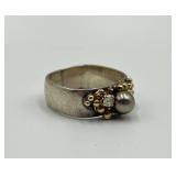 Sterling Silver and Gold Ring with Pearl and Stone