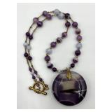 Purple Agate Bead Necklace with Large Round Pendant