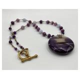 Purple Agate Bead Necklace with Large Round Pendant