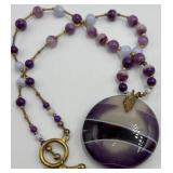 Purple Agate Bead Necklace with Large Round Pendant