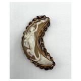 Antique Crescent Moon Cameo Brooch with Woman Figure