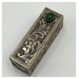Antique Engraved Silver Lipstick Case with Green Cabochon Stone