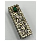Antique Engraved Silver Lipstick Case with Green Cabochon Stone