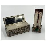 Antique Engraved Silver Lipstick Case with Green Cabochon Stone