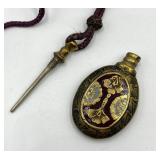 Ornate Brass Perfume Flask with Decorative Cord