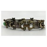 Vintage Mesh Bracelet with Green Cabochons, Faux Pearls, and Purple Stones