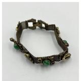 Vintage Mesh Bracelet with Green Cabochons, Faux Pearls, and Purple Stones