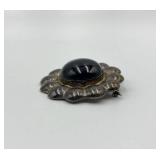 Vintage 925 Sterling Silver Floral Brooch with Black Onyx Center