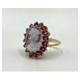 14k Gold Cameo Ring with Purple Stones
