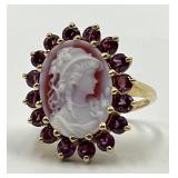 14k Gold Cameo Ring with Purple Stones
