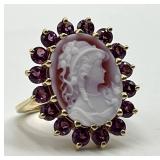14k Gold Cameo Ring with Purple Stones