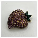 Jomaz Strawberry Brooch with Purple and Green Rhinestones