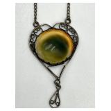 Sterling Silver Filigree Heart Pendant Necklace with Cat