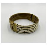 Vintage Brass and White Inlay Hinged Bangle Bracelet