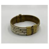 Vintage Brass and White Inlay Hinged Bangle Bracelet