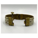 Vintage Brass and White Inlay Hinged Bangle Bracelet