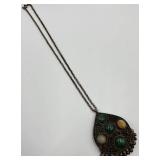 Tibetan Silver Agate Glass Teardrop Pendant Necklace with 10 Inch Chain