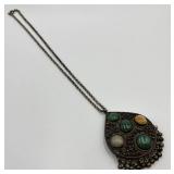 Tibetan Silver Agate Glass Teardrop Pendant Necklace with 10 Inch Chain