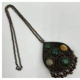 Tibetan Silver Agate Glass Teardrop Pendant Necklace with 10 Inch Chain