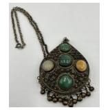 Tibetan Silver Agate Glass Teardrop Pendant Necklace with 10 Inch Chain