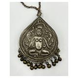 Tibetan Silver Agate Glass Teardrop Pendant Necklace with 10 Inch Chain