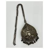 Tibetan Silver Agate Glass Teardrop Pendant Necklace with 10 Inch Chain