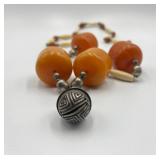 Large Butterscotch Amber Color Beads and Silver Bell Pendant