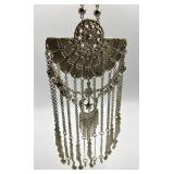 Tribal Tassel Pendant Necklace with Ornate Silver Tone Design