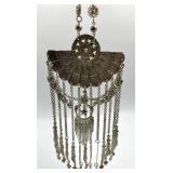 Tribal Tassel Pendant Necklace with Ornate Silver Tone Design