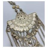 Tribal Tassel Pendant Necklace with Ornate Silver Tone Design