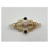 Vintage Gold Tone Brooch with Opal, Sapphires, Pearls and Rhinestones