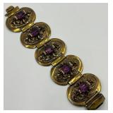 Mid Century Amethyst Link Bracelet with Ornate Gold Tone Panels