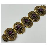 Mid Century Amethyst Link Bracelet with Ornate Gold Tone Panels