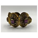 Mid Century Amethyst Link Bracelet with Ornate Gold Tone Panels