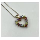 925 Sterling Silver Multi Gemstone Heart Pendant Necklace