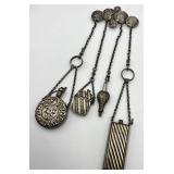 Victorian Chatelaine with Four Silver Bottles and Coin Motif